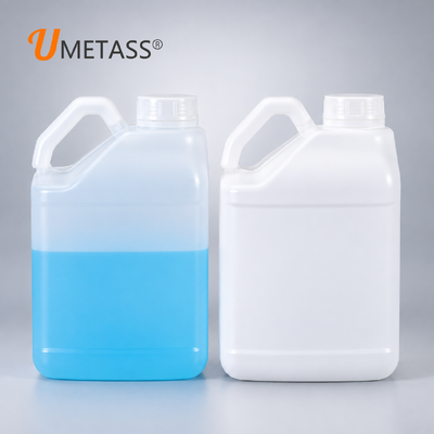 Tanica in plastica HDPE da 5L per imballaggio di liquidi, fusto bianco traslucido in stile F con manico